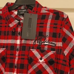 NWT- Women's Harley Davidson Retro Script Font Flannel Embroidered